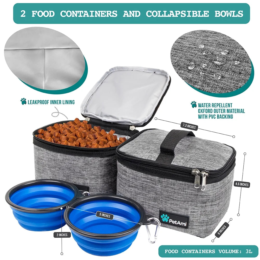 Dog Travel Bag, Travel Pet Bag Organizer, Dog Food Travel Bag with Food Container and Bowls, Dog Travel Supplies Gift Accessories for Weekend Camping, Dog Cat Diaper Bag (Grey, Medium)