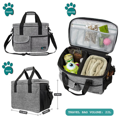 Dog Travel Bag, Travel Pet Bag Organizer, Dog Food Travel Bag with Food Container and Bowls, Dog Travel Supplies Gift Accessories for Weekend Camping, Dog Cat Diaper Bag (Grey, Medium)