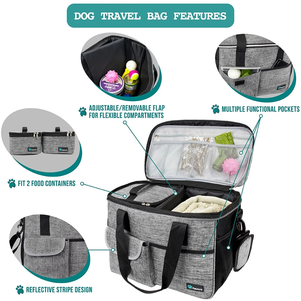 Dog Travel Bag, Travel Pet Bag Organizer, Dog Food Travel Bag with Food Container and Bowls, Dog Travel Supplies Gift Accessories for Weekend Camping, Dog Cat Diaper Bag (Grey, Medium)