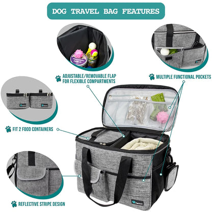 Dog Travel Bag, Travel Pet Bag Organizer, Dog Food Travel Bag with Food Container and Bowls, Dog Travel Supplies Gift Accessories for Weekend Camping, Dog Cat Diaper Bag (Grey, Medium)