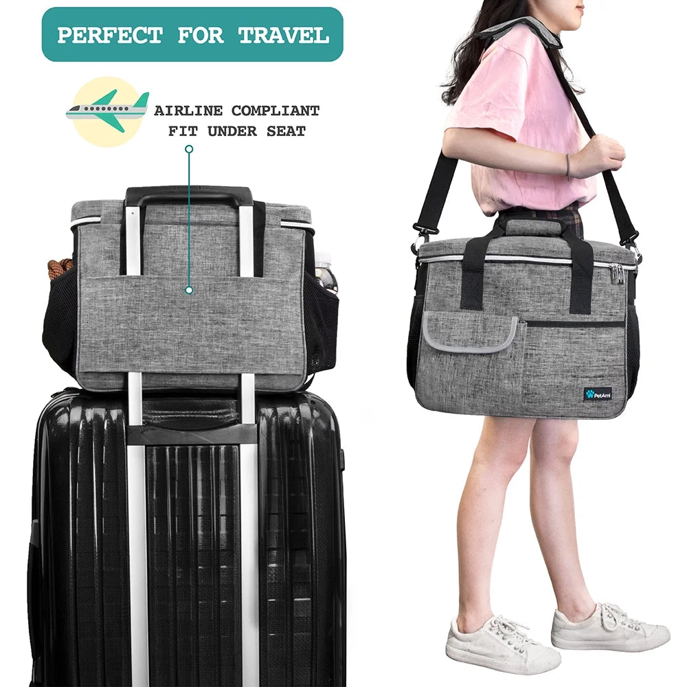 Dog Travel Bag, Travel Pet Bag Organizer, Dog Food Travel Bag with Food Container and Bowls, Dog Travel Supplies Gift Accessories for Weekend Camping, Dog Cat Diaper Bag (Grey, Medium)