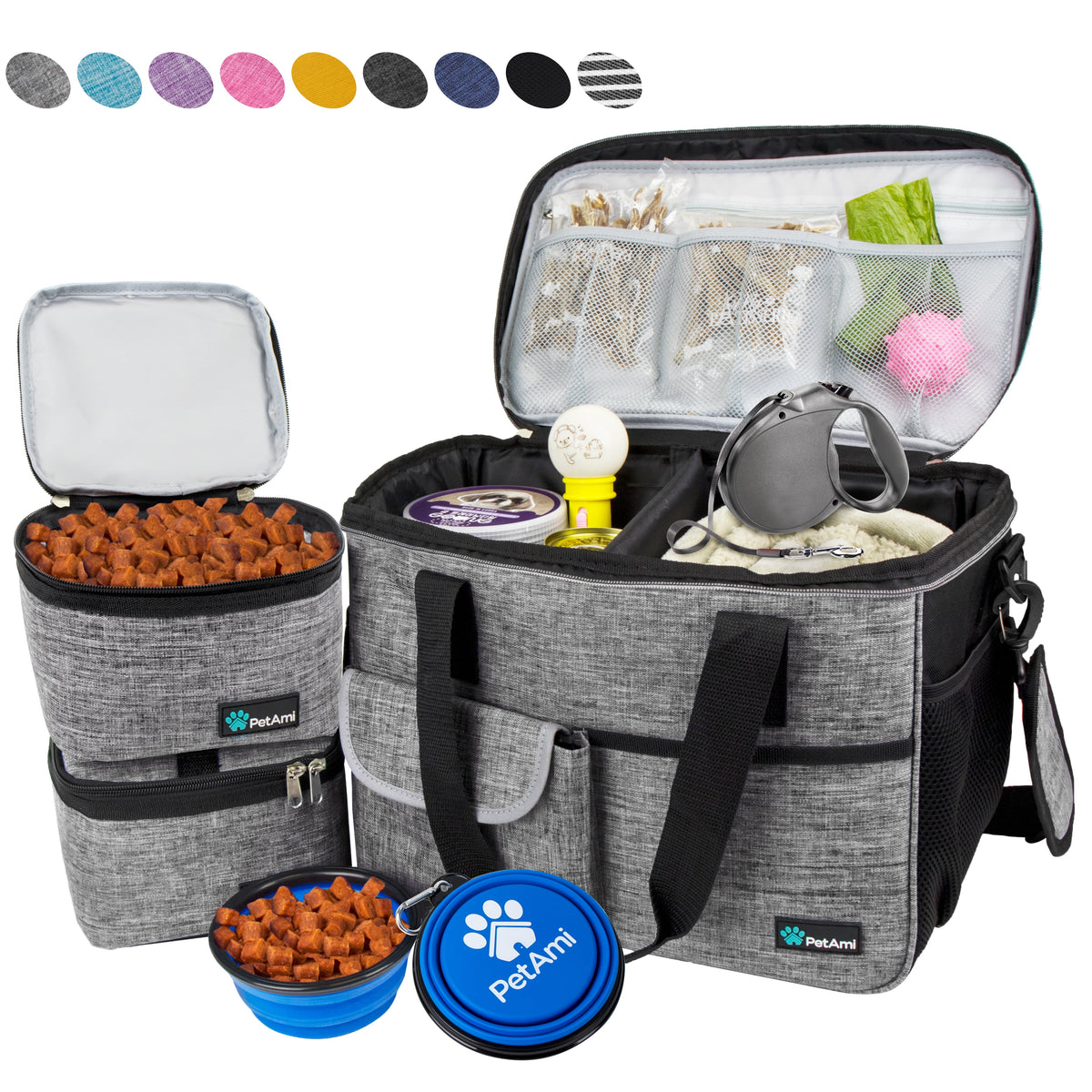 Dog Travel Bag, Travel Pet Bag Organizer, Dog Food Travel Bag with Food Container and Bowls, Dog Travel Supplies Gift Accessories for Weekend Camping, Dog Cat Diaper Bag (Grey, Medium)