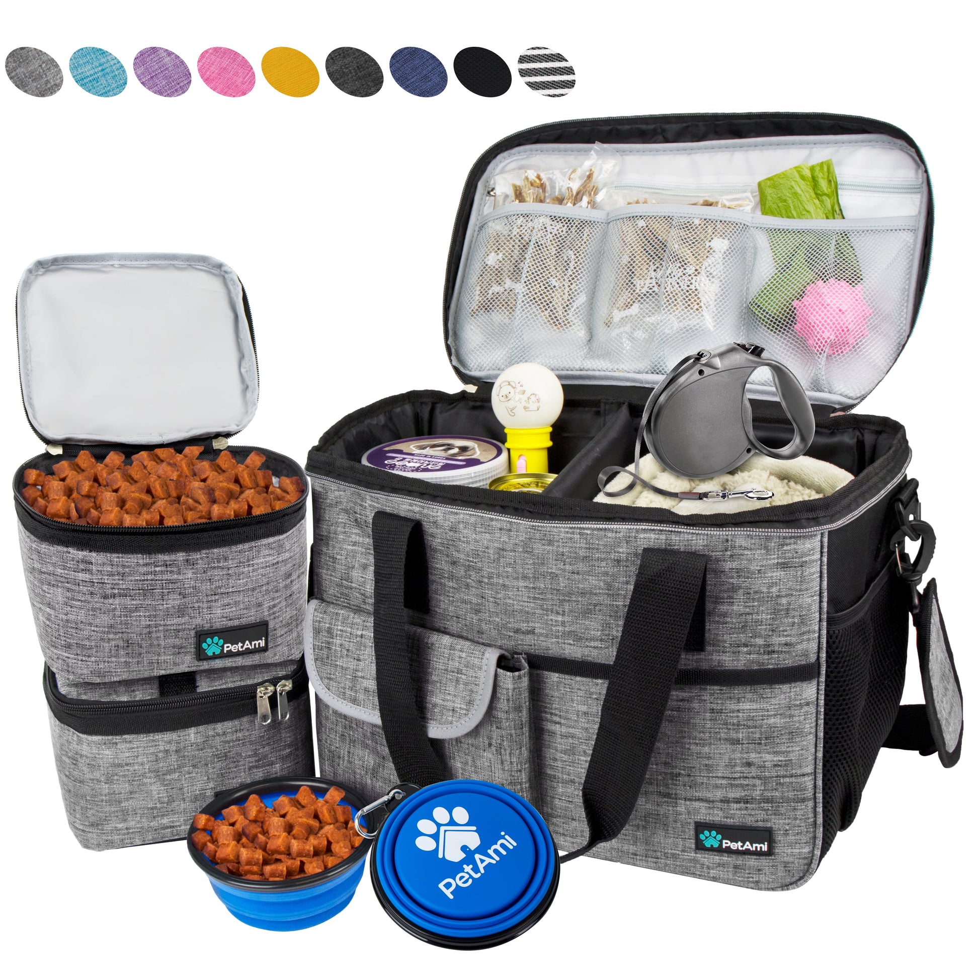 Dog Travel Bag, Travel Pet Bag Organizer, Dog Food Travel Bag with Food Container and Bowls, Dog Travel Supplies Gift Accessories for Weekend Camping, Dog Cat Diaper Bag (Grey, Medium)