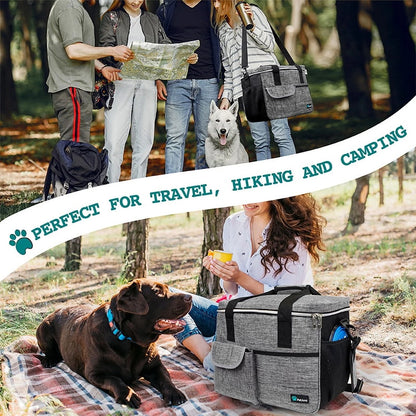Dog Travel Bag, Travel Pet Bag Organizer, Dog Food Travel Bag with Food Container and Bowls, Dog Travel Supplies Gift Accessories for Weekend Camping, Dog Cat Diaper Bag (Grey, Medium)